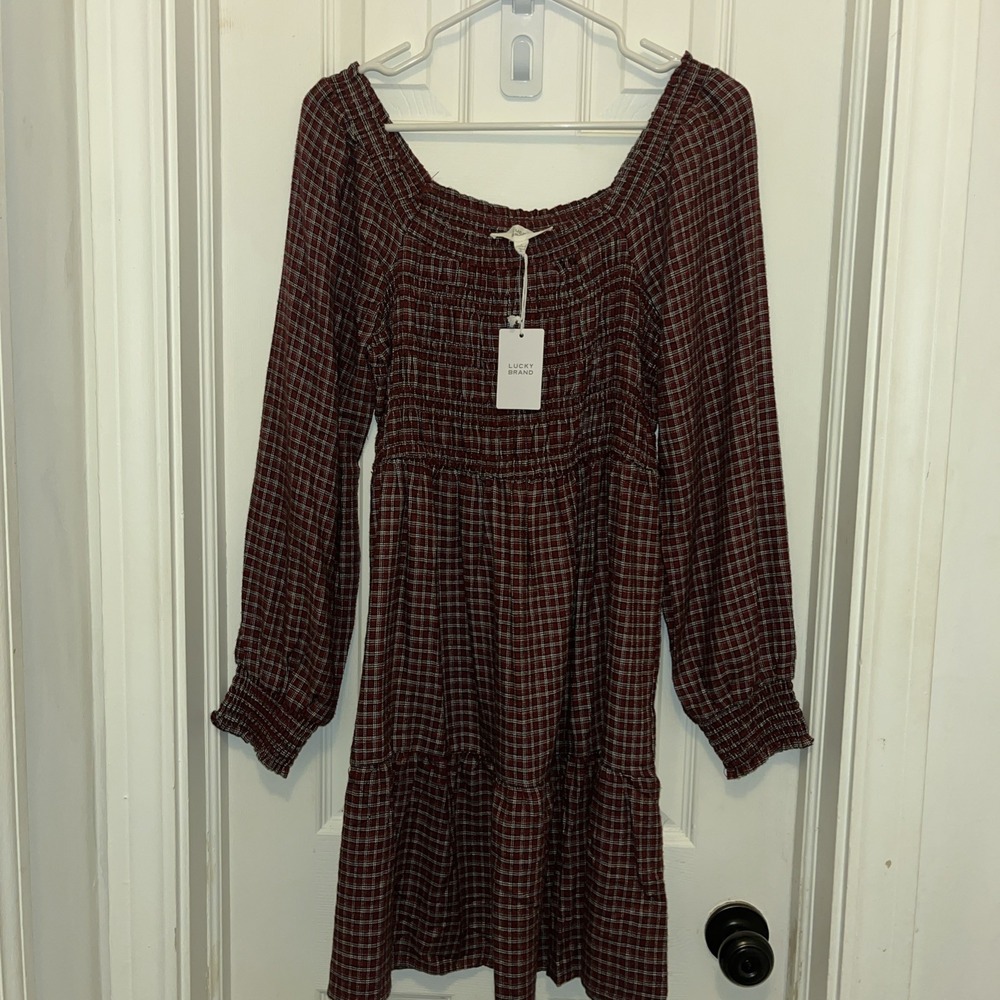 Lucky Brand Smocked Dress Plaid Red Black White Womens Large Soft